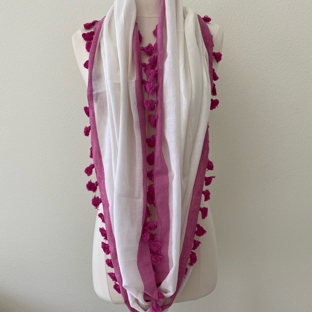 Vince Camuto White Infinity Scarf with Pink Tassels